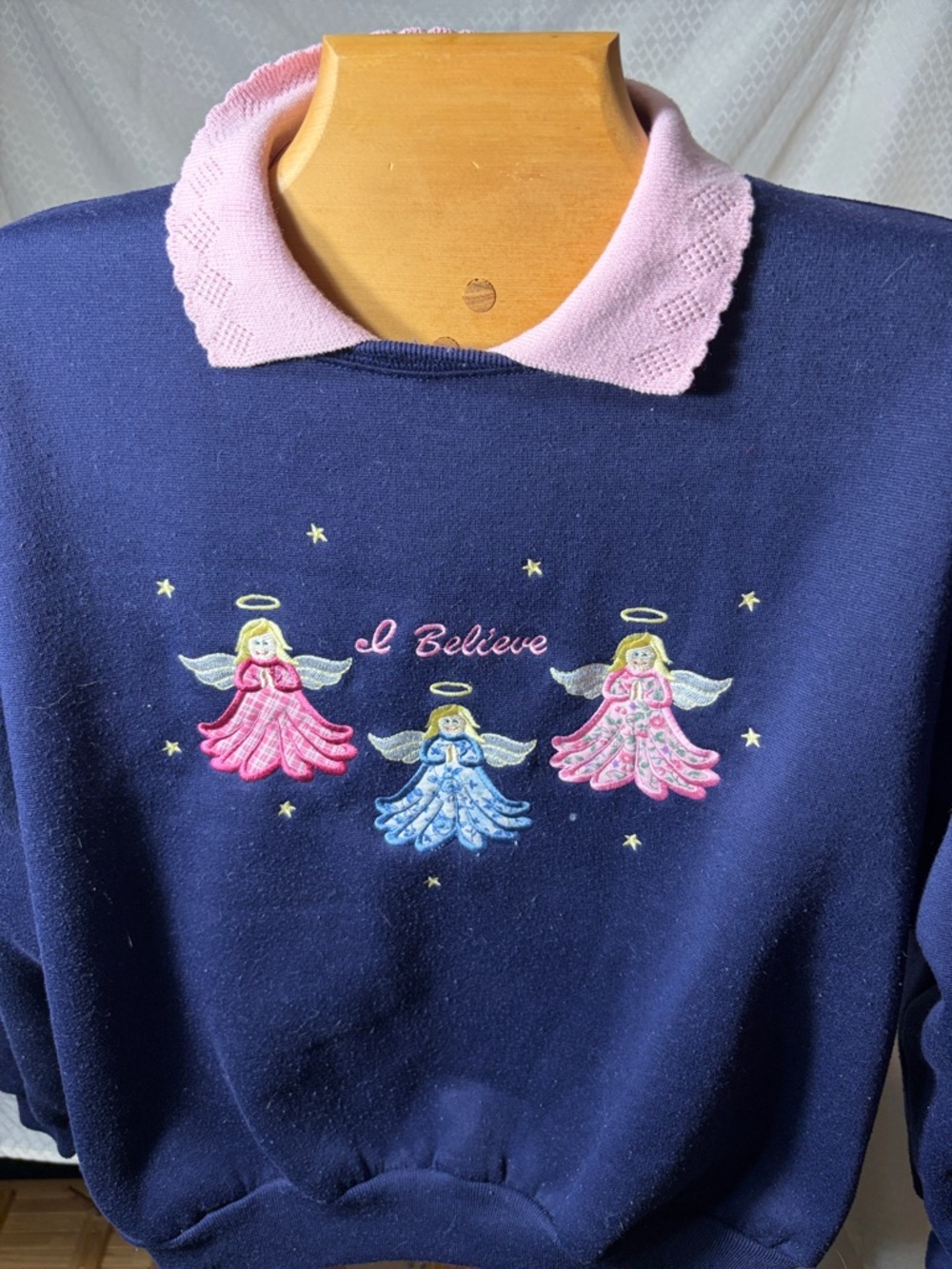 Bon Worth Classic Navy 'I Believe' Angel Embroidered Sweater with Pink Collar